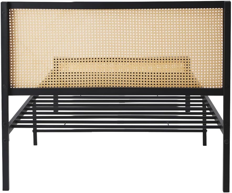 Oikiture Single Bed Base with Rattan Headboard and Steel Slat Single Bed Frame Mattress Platform Black