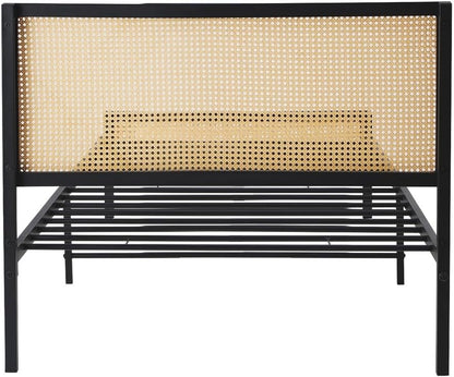 Oikiture Single Bed Base with Rattan Headboard and Steel Slat Single Bed Frame Mattress Platform Black