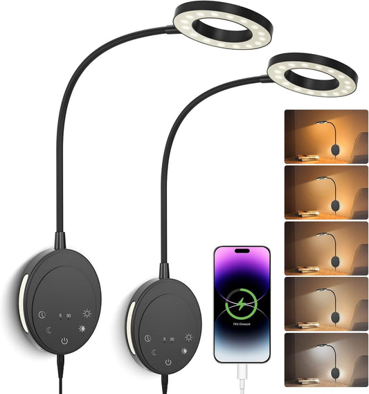 Wall Mounted Reading Light,NoeiiT Book Lights with 5 Dimming,Bedside Headboard Lights Flexible Gooseneck,USB Output,Night Light & Timers Function（5/30 min, 3000K-6500K Upgrade LED Bed Lamp Black