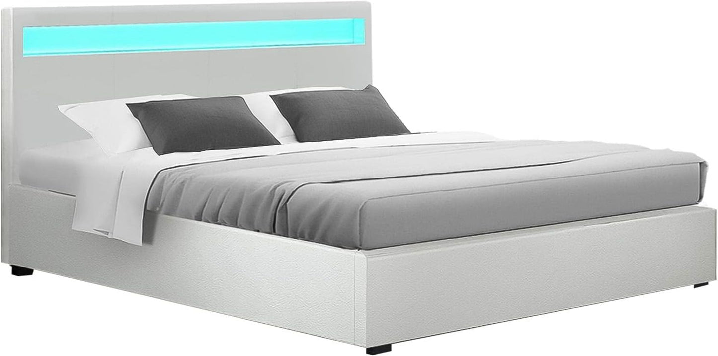 Artiss Double Bed Frame Platform RGB LED Headboard Gas Lift Beds Base with Storage Frames Space Bedroom Room Decor Home Furniture, Upholstered with White PVC Leather + Foam + Wood, Modern Design