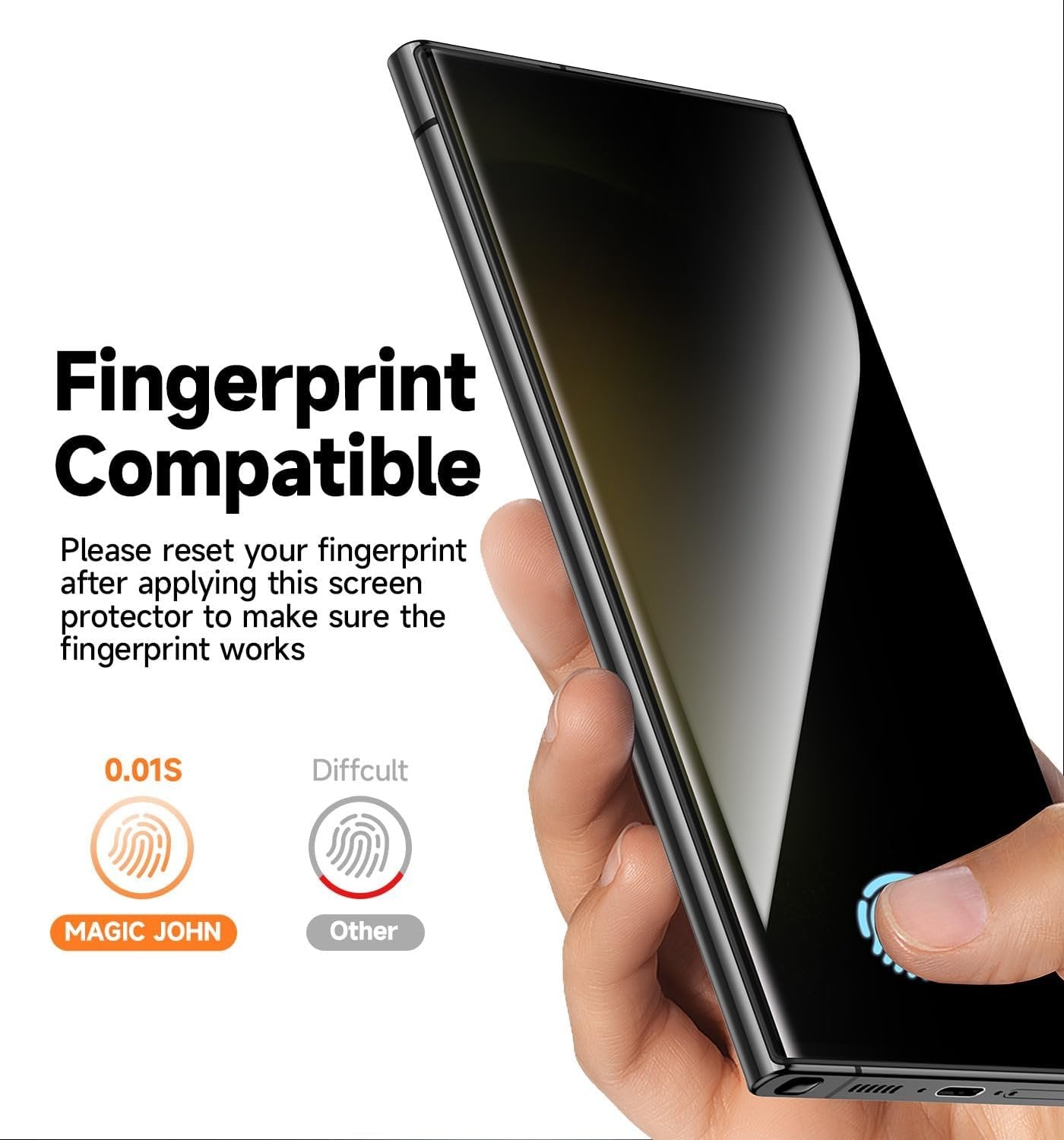 MAGIC JOHN 2 Pack for Samsung Galaxy S23 Ultra Privacy Screen Protector [Ceramic Film Material Not Glass] 6.8 inch,[100% Fingerprint ID Compatible] Easy Installation Tray, Shock-Resistant, 3D Curved