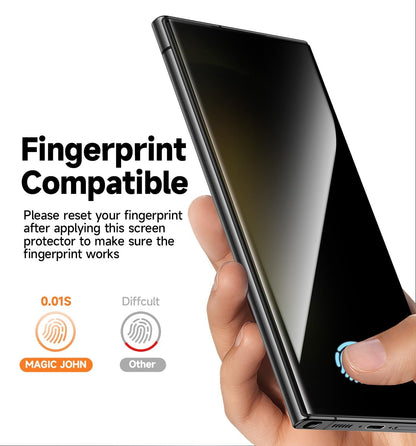 MAGIC JOHN 2 Pack for Samsung Galaxy S23 Ultra Privacy Screen Protector [Ceramic Film Material Not Glass] 6.8 inch,[100% Fingerprint ID Compatible] Easy Installation Tray, Shock-Resistant, 3D Curved
