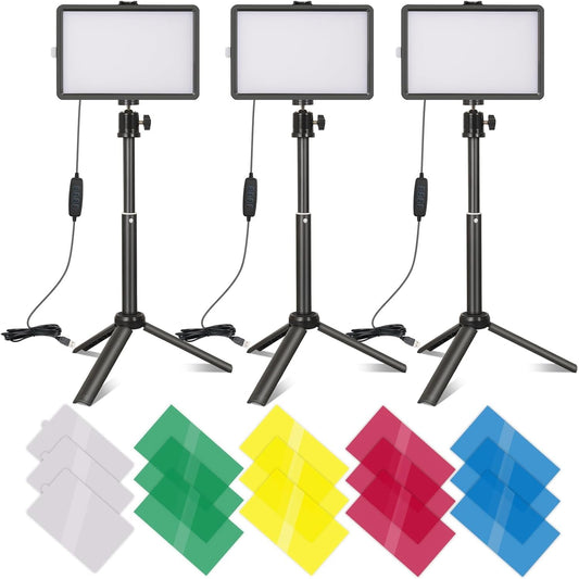 USB LED Video Light Kit Dimmable Photography Continuous Table Top Lighting with Adjustable Mini Tripod Stand &15 Color Filters for Tabletop/Low-Angle Shooting, Zoom/Video Conference Lighting/YouTube
