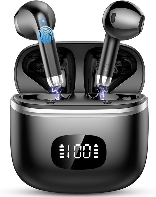 Wireless Earbuds - in Ear Headphones Bluetooth 5.3 with ENC Noise Cancelling Mics - HiFi Stereo Deep Bass - LED Display - USB-C Fast Charging - 40 Hours Playtime - Earphones for Sports, Work, Leisure