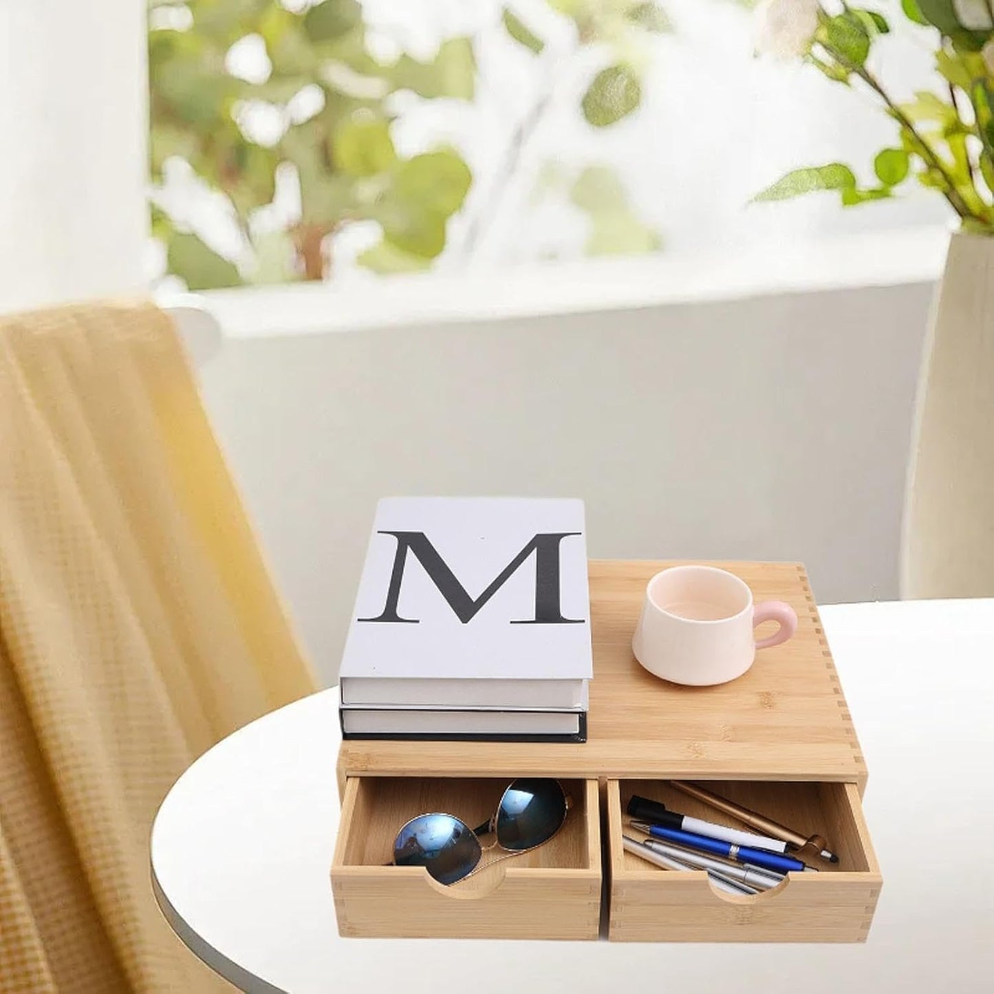 Bamboo Desk Organizer Cup Holder Tabletop Storage Organization Box Desktop Drawer for Counter Workspace Toiletries Supplies