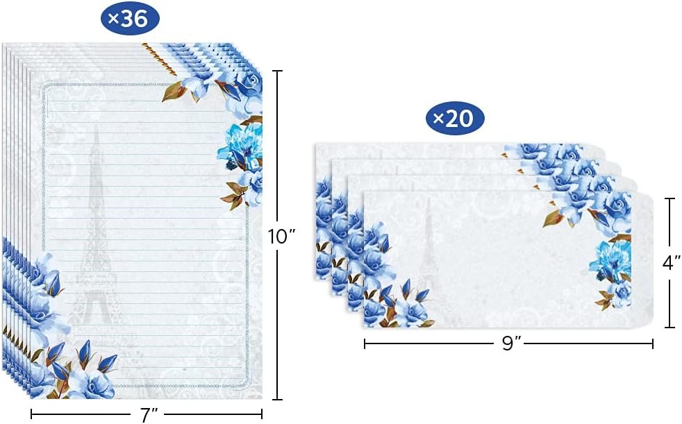 Paper Master Stationary Paper and Envelopes Set - Floral Writing Letter Stationary Set with Lined Paper - 36 Stationary Paper + 20 Envelopes, 7 x 10 Inch of Each Flora Stationery