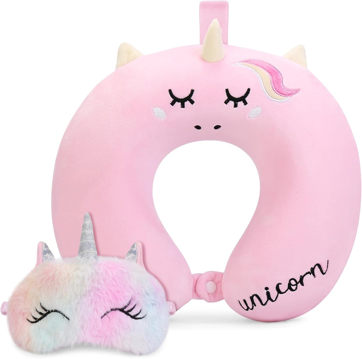 Kids Travel Pillow,Unicorn Toddler Neck Pillow for Kids Traveling with Eye Mask,U-Shaped Airplane Flight Car Head Neck Support Memory Foam Pillow for Adults,Gifts for Children,Boys,Girls (Pink)