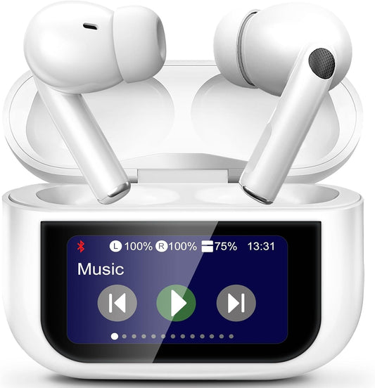 Smart Earphones with Touchscreen, Touch Screen Earbuds, 13 Functions Wireless Headphones Bluetooth 5.4, Touch Buds with LED Screen, ANC/ENC Noise Cancelling, 40H Playtime, for iOS Android, White
