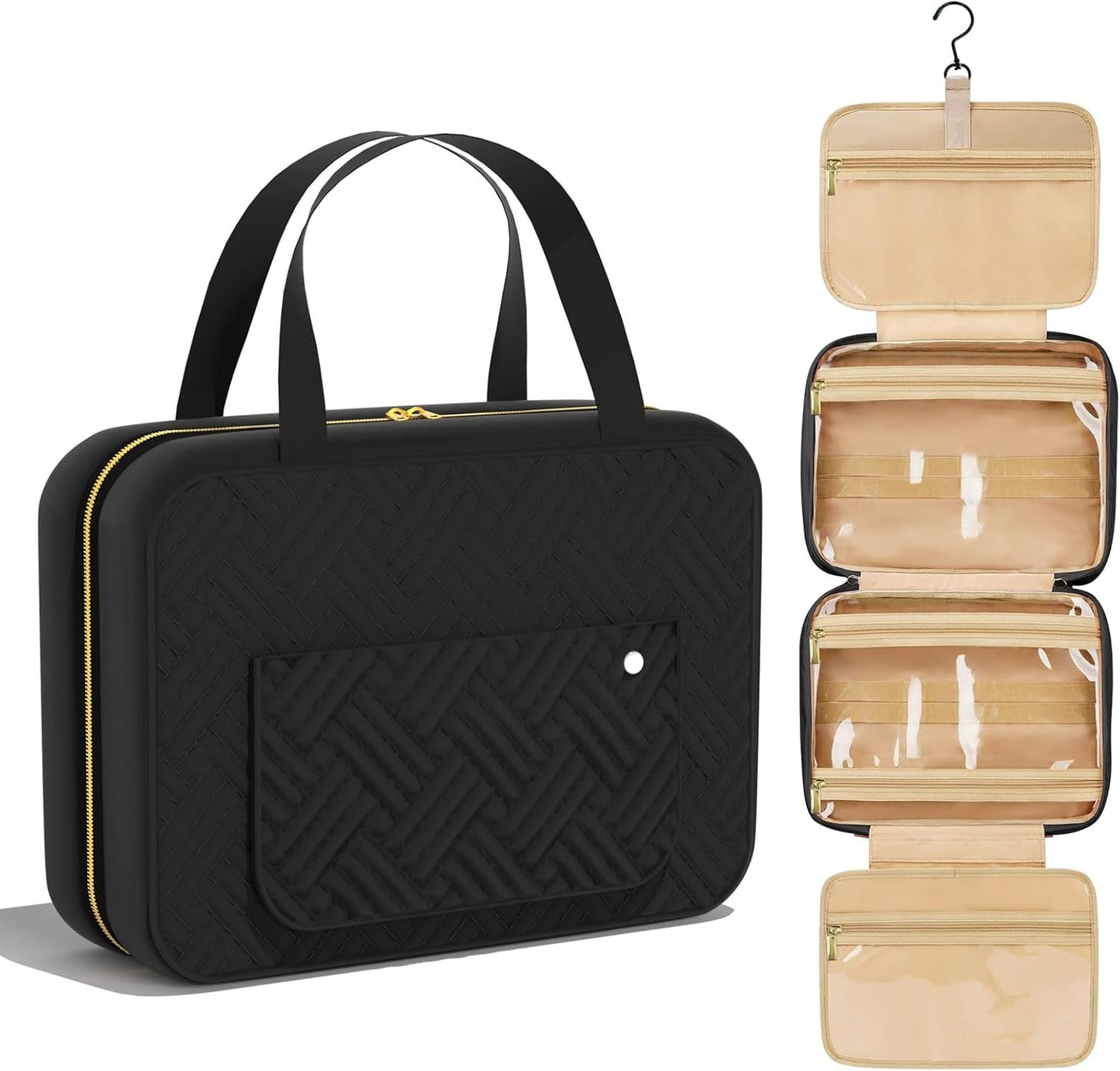Hanging Travel Toiletry Bag with Hook, 4 Sections Toiletry Bag Travel Bag Water-Resistant Travel Cosmetic Bag Foldable Hygiene Bag for Toiletries, Cosmetics, Makeup, Brushes, Shower (Black)