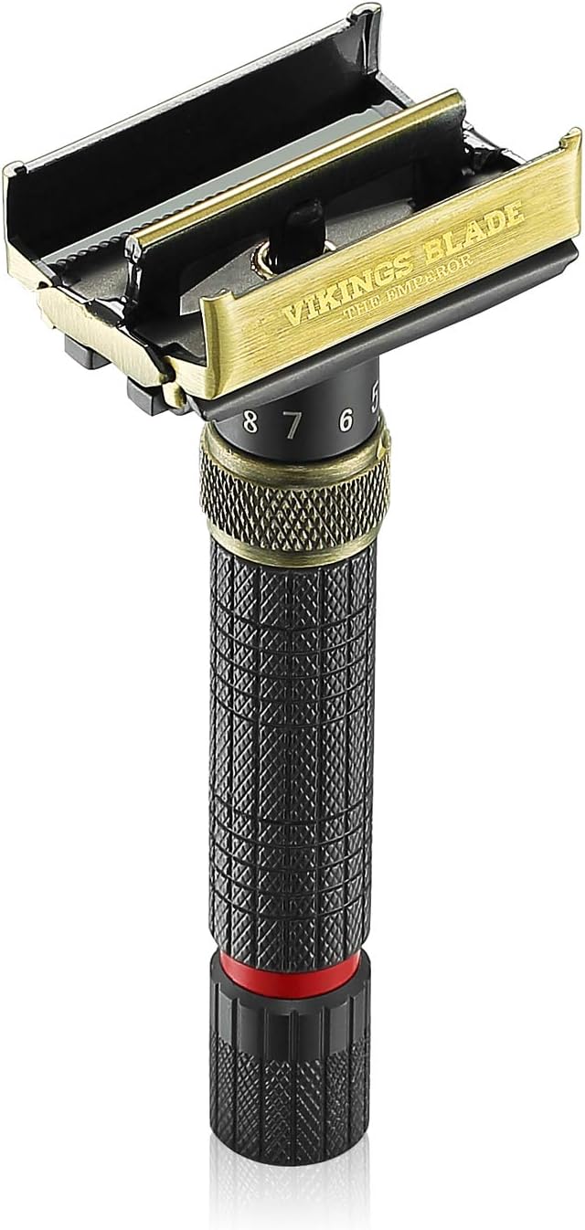 VIKINGS BLADE Adjustable Double Edge Safety Razor, The Emperor MEIJI by , Short & Fat Handle, Solid Brass, Butterfly Twist-To-Open, Eco Friendly, Luxury Case. Smooth, Close, Clean Shaving Razor