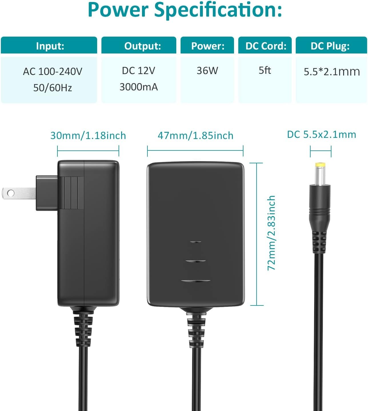Basicvolt 12V 3A AC/DC Adapter Universal Power Supply with 10 DC Plugs, Regulated 12Volts 3000mA Power Adapter for LED Strip Light, CCTV Camera, BT Speaker, Router, DC12V Transformer