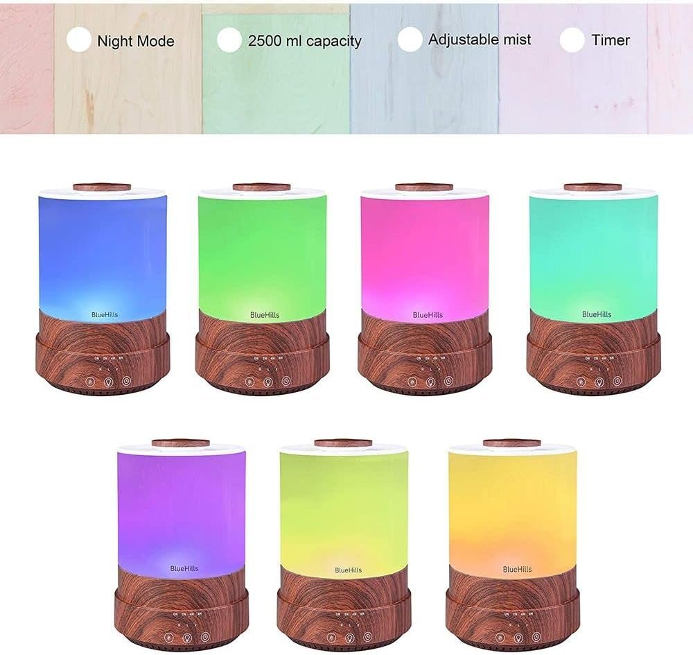 BlueHills Premium 2500 ML XL Essential Oil Diffusers - 30 Hr Run Aromatherapy Diffuser & Air Humidifier Mist for Large Room - 7 LED Colors Oil Diffuser Essential Oils for Home w/Auto Shut Off - F003