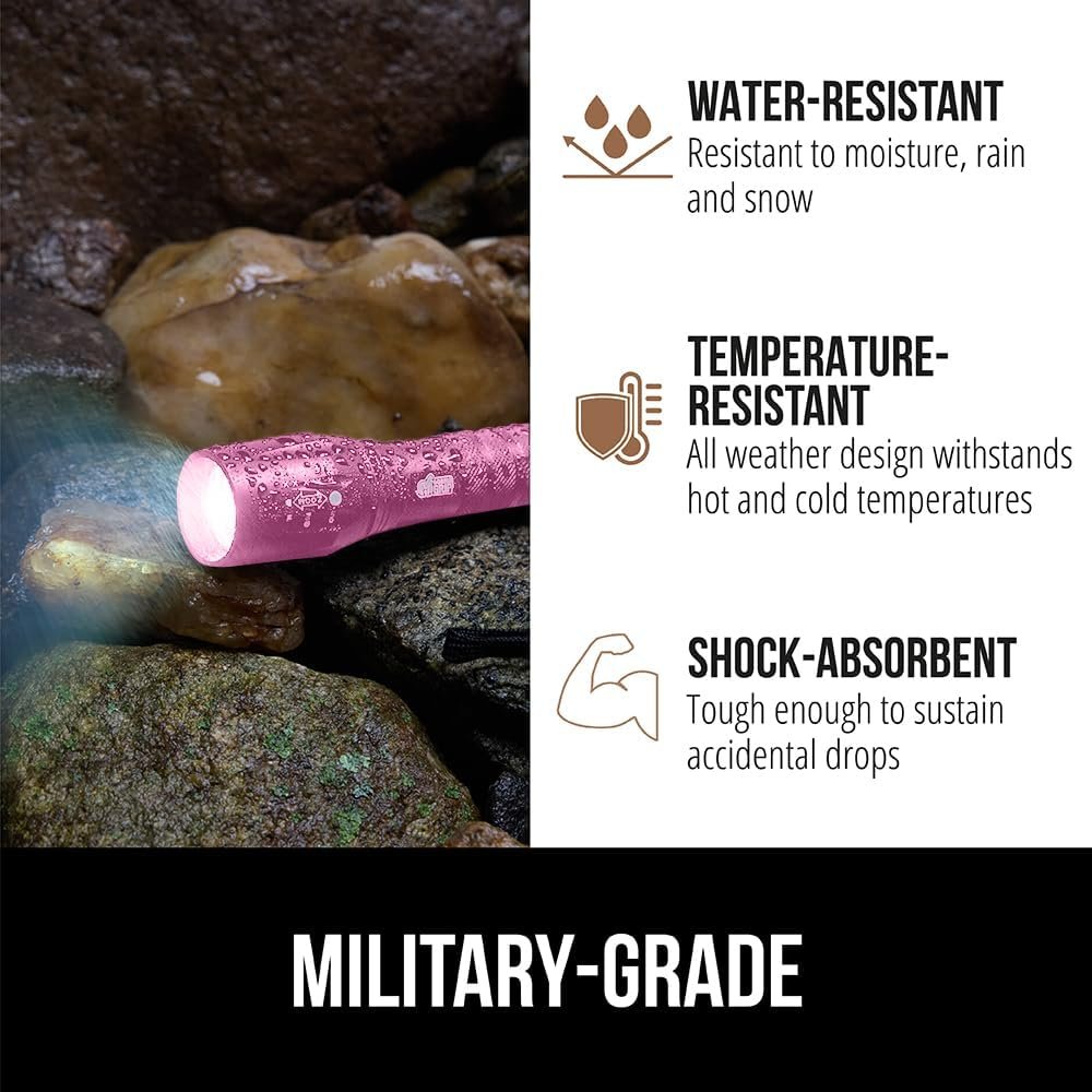 GORILLA GRIP Powerful LED 750 FT Water Resistant 5 Adjustable Mode Tactical Flashlight, High Lumens Ultra Bright Battery Life Zoom Flashlights, Small Camping Car Mini Flash Light Accessories, Pink
