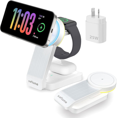Foldable 3 in 1 Wireless Charger for MagSafe iPhone, Soflame 3 in 1 Magsafe Wireless Charger, Compatible with iPhone16/15/14/13/12, iWatch10/9/Ultra2/8/Ultra/SE2/7/6/SE/5/4/3, AirPods2/3/4 Pro (White)