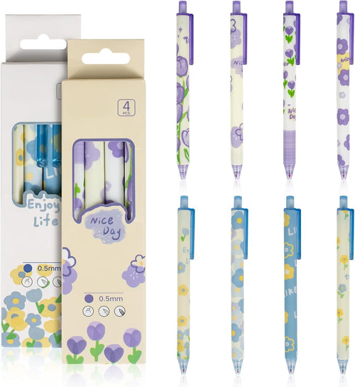 TPBSITNS 8pcs Aesthetic Retractable Black Ink Pens, Cute Kawaii Press Ballpoint Pens with Soft Grip, 0.5mm Flower Pens Cartoon Gel Ink Pen for Kids Students School Office Class Stationery