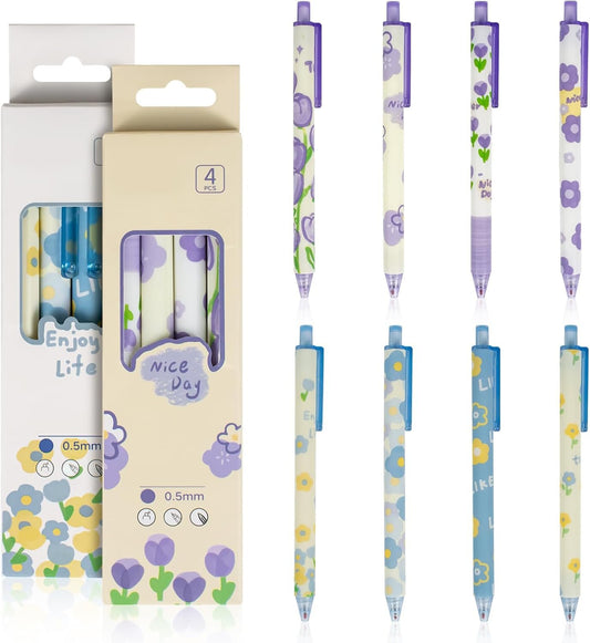 TPBSITNS 8pcs Aesthetic Retractable Black Ink Pens, Cute Kawaii Press Ballpoint Pens with Soft Grip, 0.5mm Flower Pens Cartoon Gel Ink Pen for Kids Students School Office Class Stationery