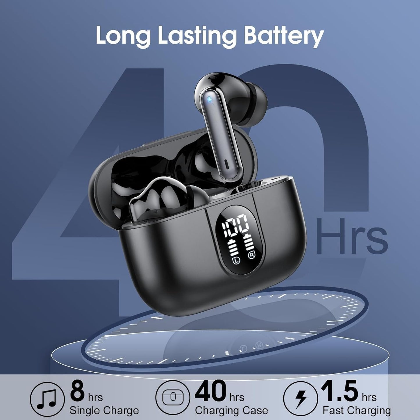 Wireless Earbuds, Bluetooth 5.3 Headphones Stereo Bass Ear Buds, Bluetooth Earbuds with 4 ENC Noise Cancelling Mic, 40Hrs in Ear Headphones with Dual LED Display, IP7 Waterproof Earphones for Sports