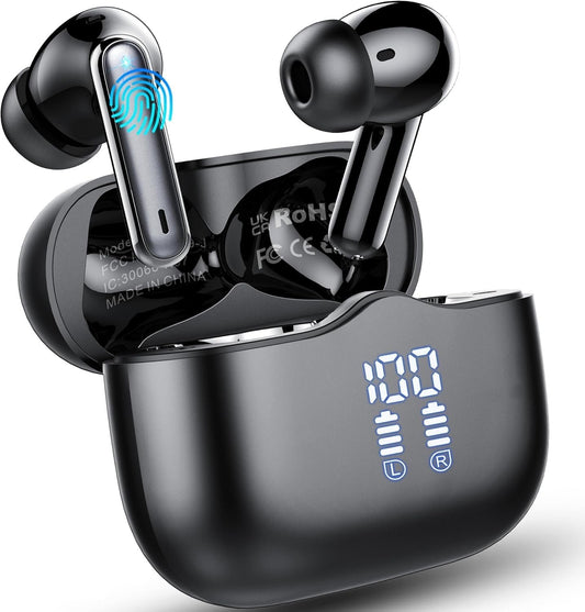 Wireless Earbuds, Bluetooth 5.4 Ear Buds HiFi Stereo, 2025 Wireless Headphones with ENC Noise Cancelling Mics, IP7 Waterproof in Ear Bluetooth Headphones, LED Display, Earphones for Android/iOS, Black