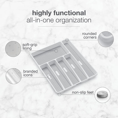 Madesmart Classic 6-Compartment Plastic Silverware Tray for Drawers, Cutlery and Utensil Tray Kitchen Drawer Organizer, White