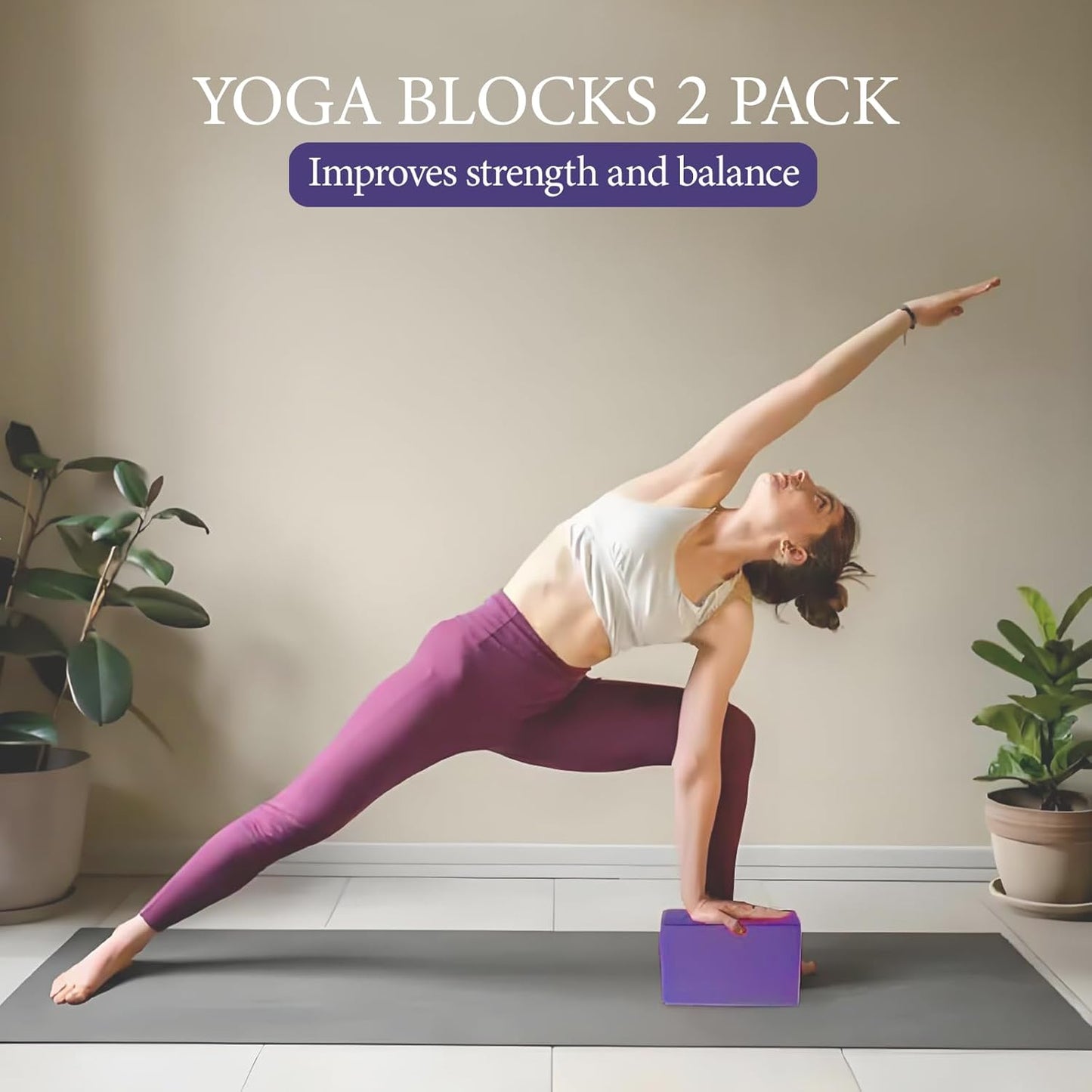 Yoga Blocks 2 Pack, high-density yoga block, EVA foam yoga block, with stretching belt, odor resistant and antiskid, used for yoga, Pilates and meditation