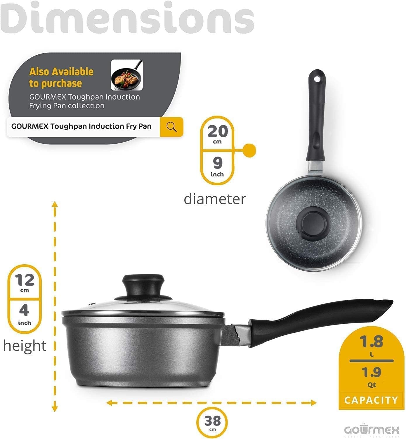 GOURMEX 2L Induction Casserole Pot | Black with Nonstick Coating | Compatible with All Heat Sources | Ideal for Cooking, Boiling and Braising | Includes Glass Lids (1.8L)