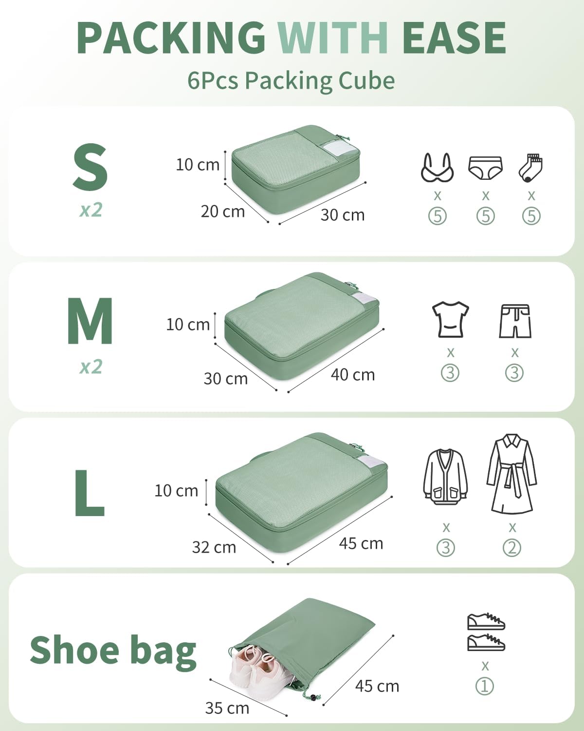 ECOHUB 6 Pieces Suitcase Organizer, Packing Cubes Space-Saving with Label Pocket, Fabric Ripstop Organizer Suitcases, Travel Useful Accessories (Green)