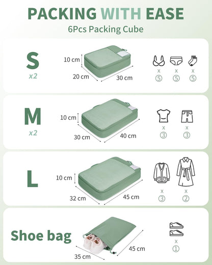 ECOHUB 6 Pieces Suitcase Organizer, Packing Cubes Space-Saving with Label Pocket, Fabric Ripstop Organizer Suitcases, Travel Useful Accessories (Green)