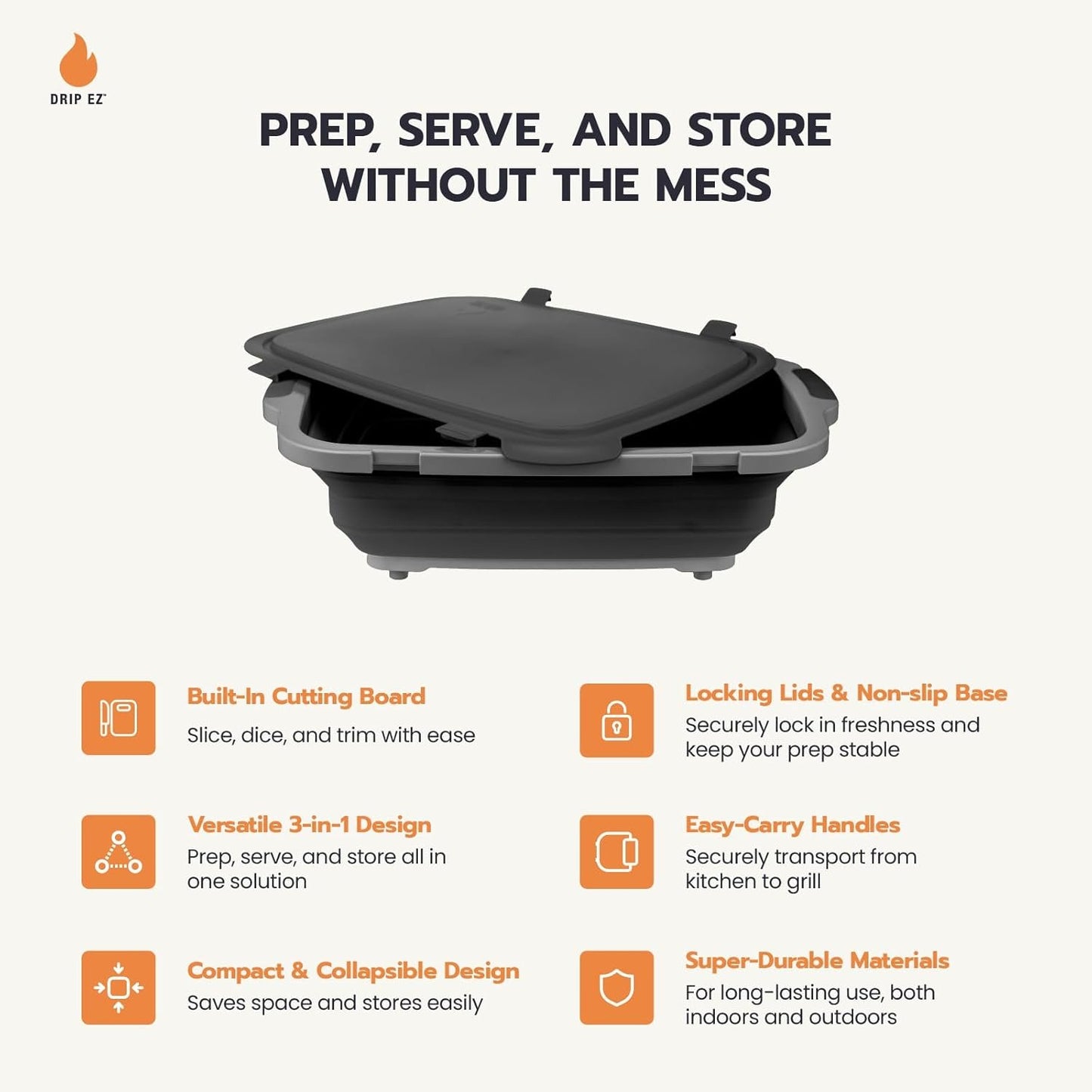 Drip EZ Collapsible BBQ Prep Tubs 3-Piece Set- For Meal Prep Marinating Food Storage - Includes Cutting Board & Lid - (1) JR + (1) OG + (1) XL - Orange
