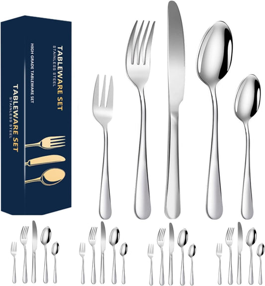 Silverware Cutlery Set,20-Piece Stainless Steel Flatware Set,Modern Tableware Utensils Set for 4 Include Knife/Fork/Spoon,Mirror Polished,Dishwasher Safe