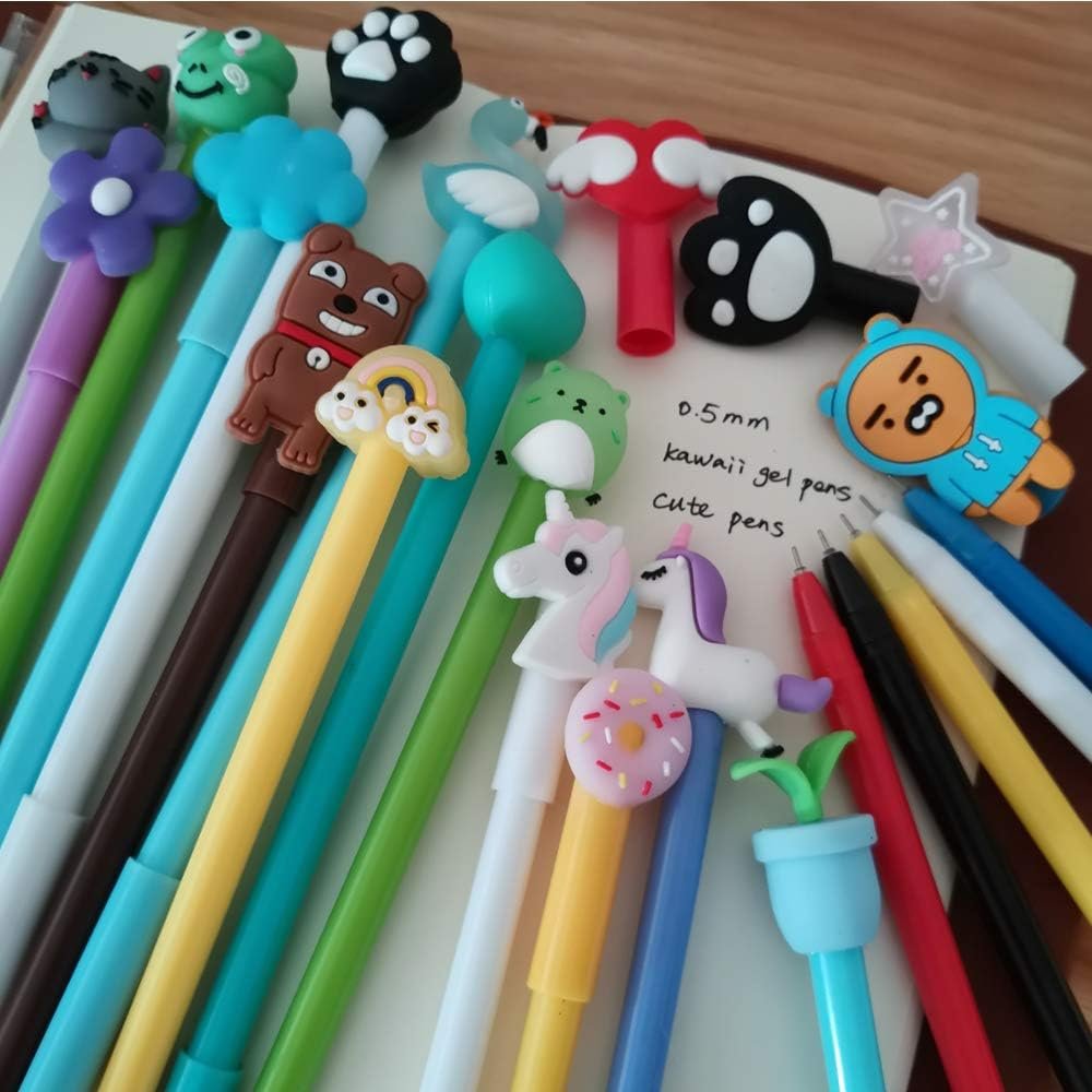 Colorful Kawaii Cute Cartoon Pens Random 20pcs 0.38mm with Pen Bags with Zipper for Girls Women, Great Stationery for School Office Home Use (Value Pack A)