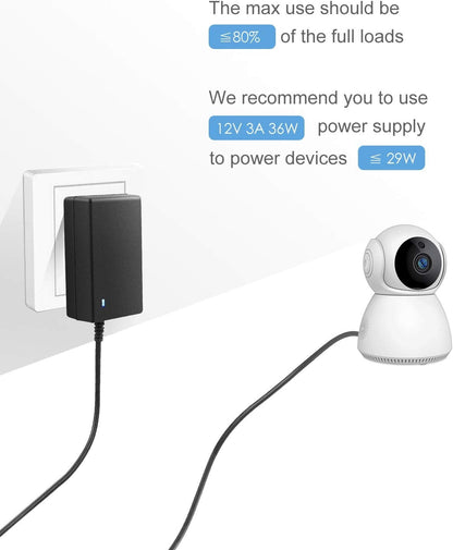 ALITOVE 12V 3A Power Supply Adapter, 100~240V AC to DC 12V 3A 36W Converter, 5.5mm x 2.1mm/2.5mm DC Plug for LED Strip Light, CCTV, Router