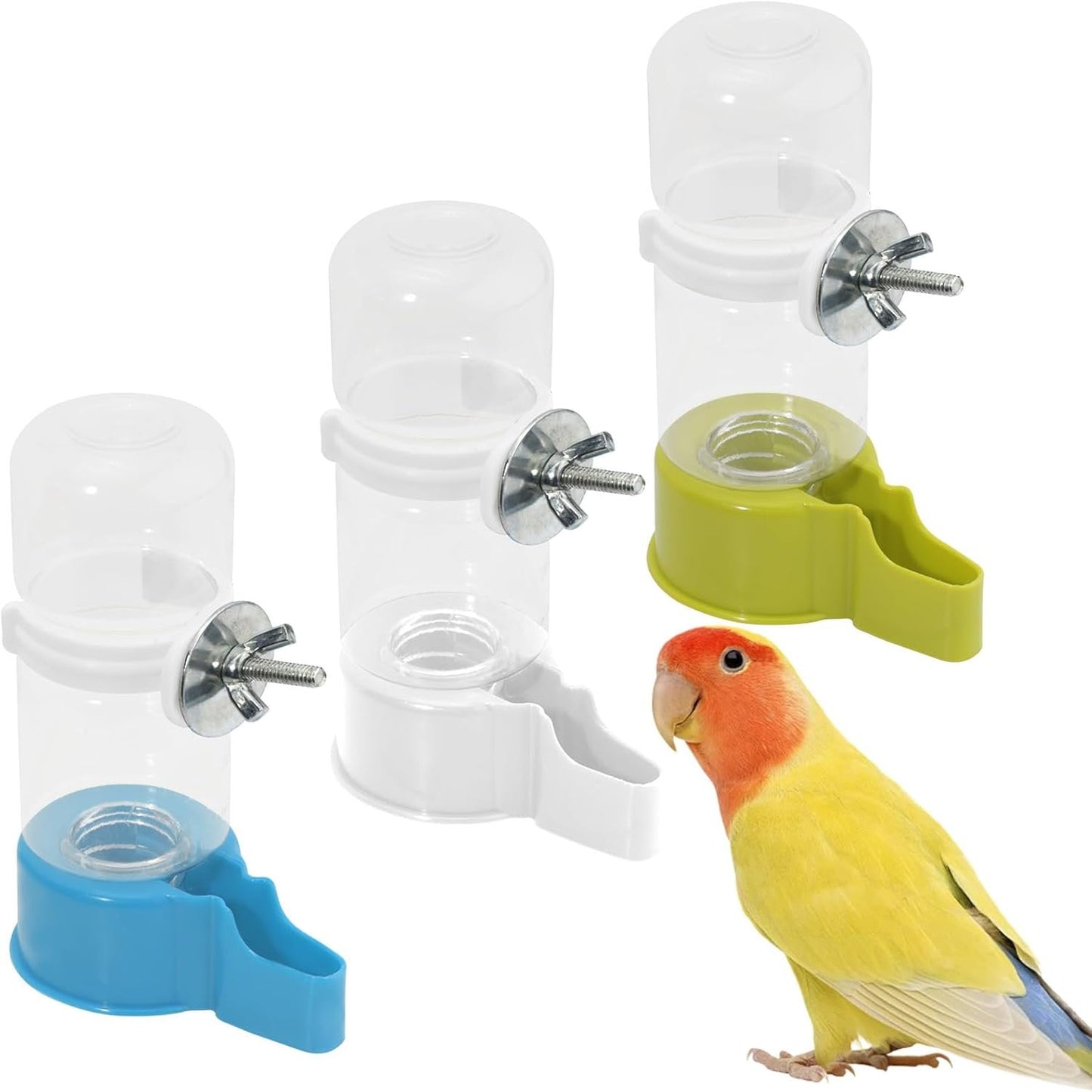 BELEFU Automatic Bird Water Dispenser, 4.7 Oz Plastic Suspended Bird Waterer, No Mess Parakeet Water Feeder for Cage Feeding Parrot Cockatiel Budgie (White, Green, Blue)