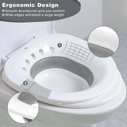 DEANIC Sitz Bath for Toilet Hemorrhoids, Postpartum Care, Collapsible Sits Bath Tub for Hemorrhoids Treatment, Yoni Steam Seat Basin, Bain de Siège Femme, Elderly Sit Bath with Towel (Grey+White)