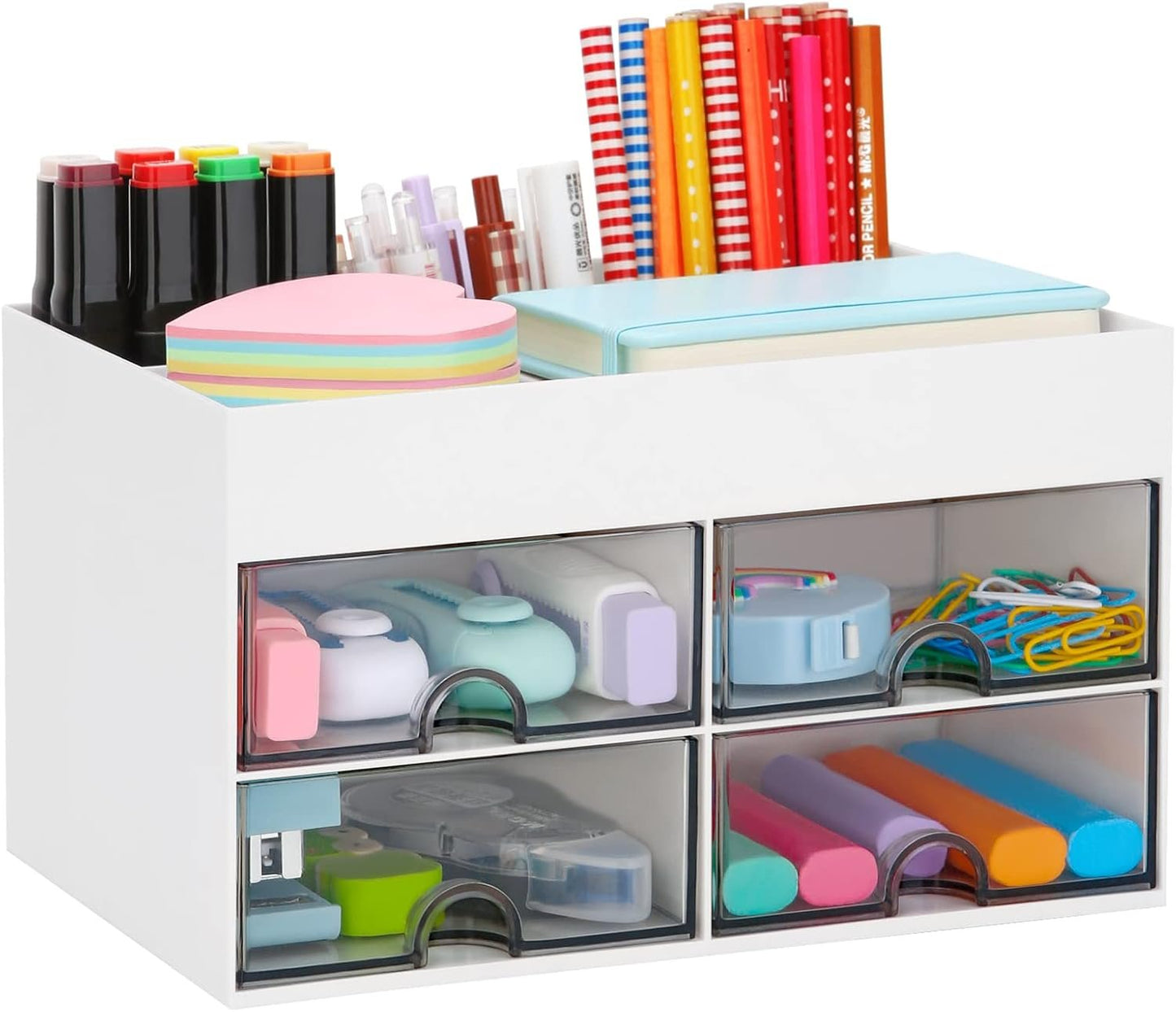 LETURE Desk Organizer Office Desktop Organizer with Drawer, Desk Top Accessories Stationary Organizer Desk Caddy, Pen/Pencil/Business Card/Sticky Note Tray/Paperclip Holder Storage Box (White)