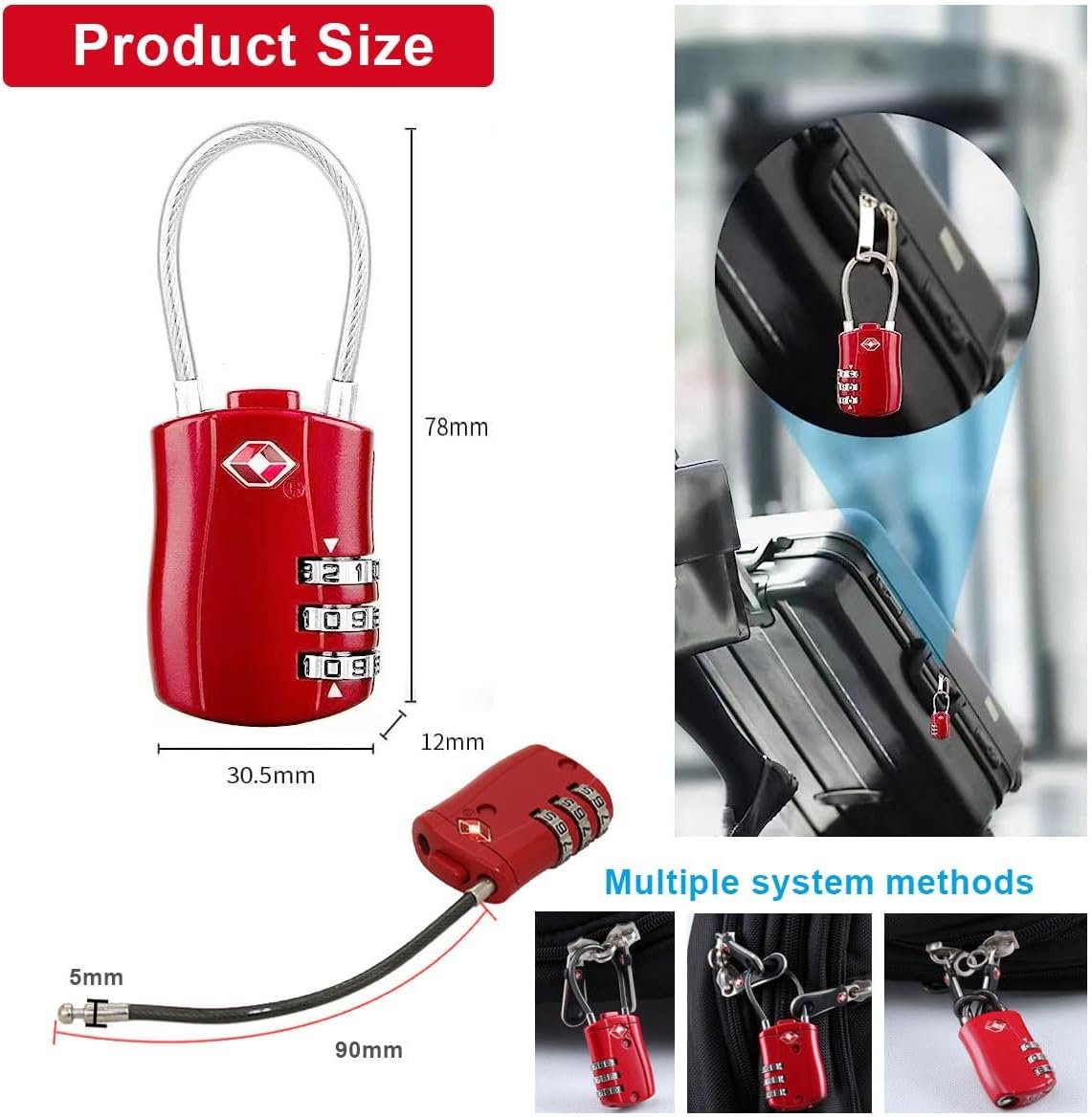 YQQZQ Luggage Lock,2 Pack Travel Combination Padlock,Flexible Locks for Travel Bag,Suit Case,Lockers,Gym,Bike Locks or Others.(Silvery and Red)