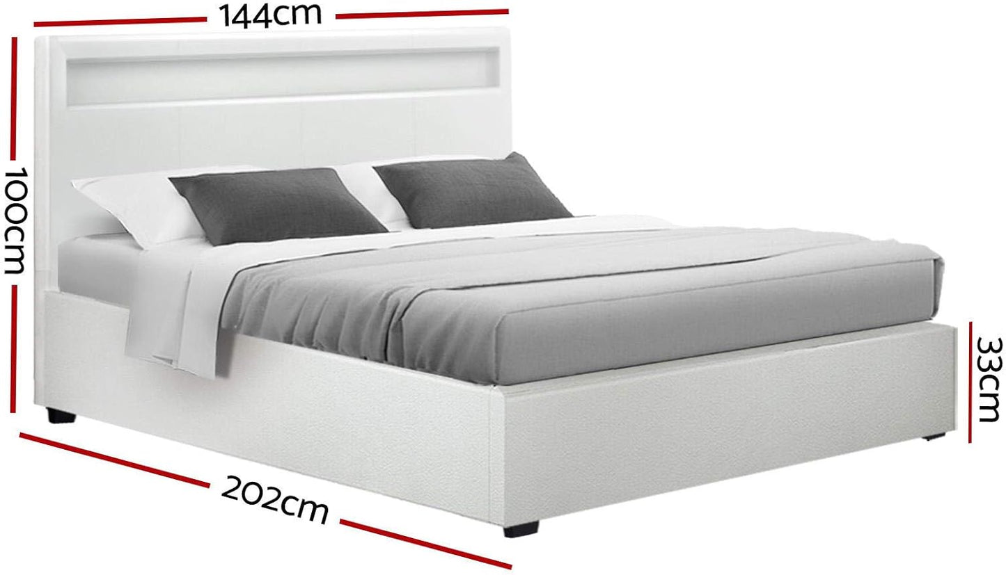 Artiss Double Bed Frame Platform RGB LED Headboard Gas Lift Beds Base with Storage Frames Space Bedroom Room Decor Home Furniture, Upholstered with White PVC Leather + Foam + Wood, Modern Design