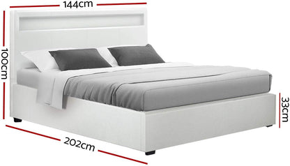 Artiss Double Bed Frame Platform RGB LED Headboard Gas Lift Beds Base with Storage Frames Space Bedroom Room Decor Home Furniture, Upholstered with White PVC Leather + Foam + Wood, Modern Design