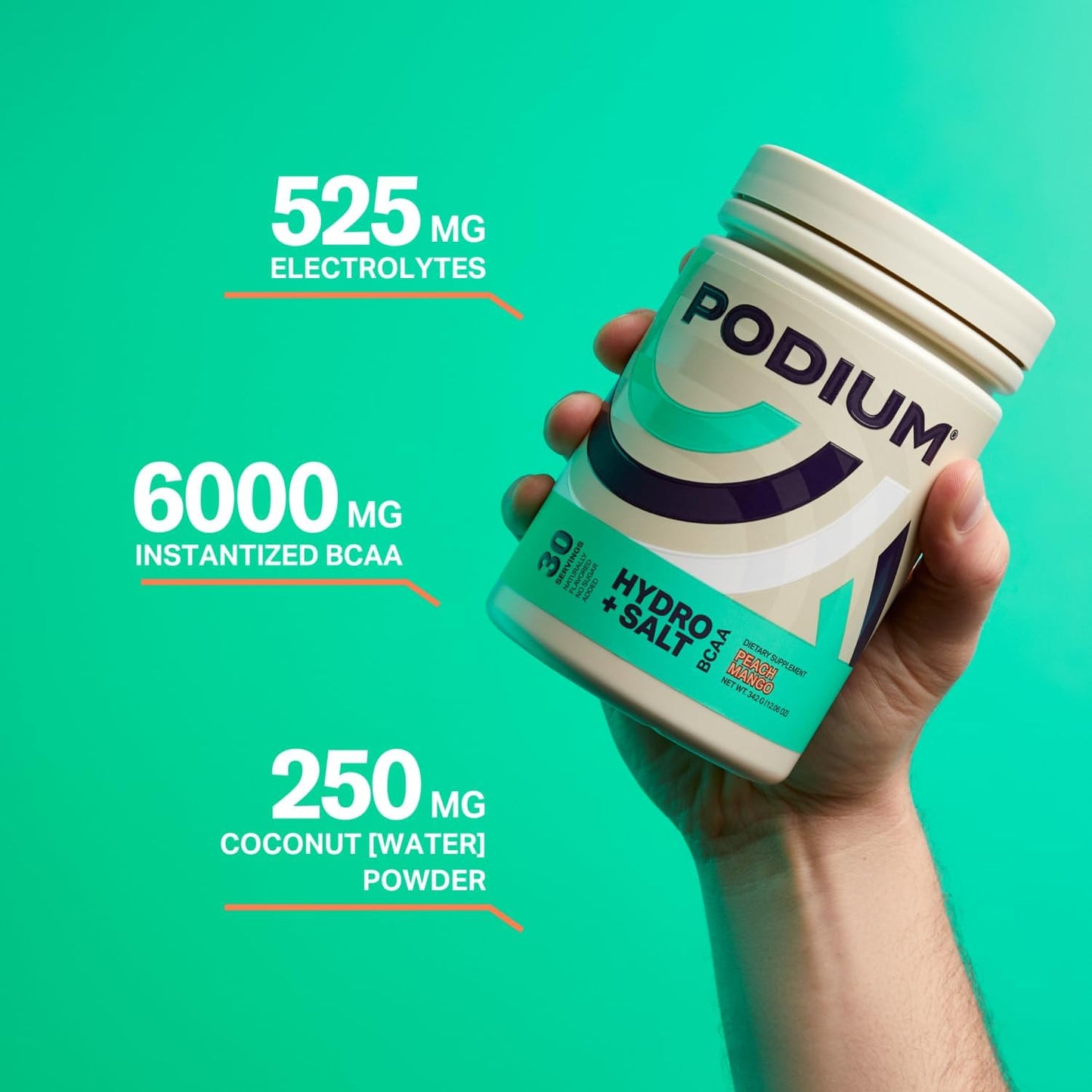 Podium Nutrition, Instantized BCAA Powder, Hydro and Salt, Mango Peach, 30 Servings, Electrolytes, Hydration, Recovery