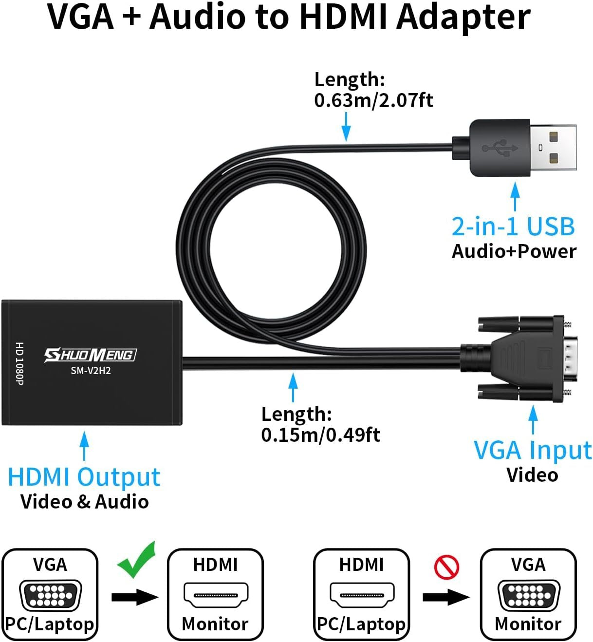 VGA to HDMI Adapter with USB Audio, 1080P@60Hz VGA Source to HDMI Display Converter Male to Female for Old Computer, Laptop to Monitor, Projector
