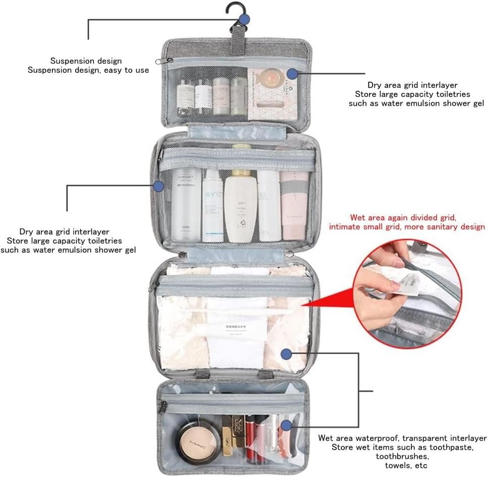 Travel Toiletry Bag,Hanging Travel Toiletry Bag with Hook,Hanging Toiletry Bag,Resistant Travel Cosmetic Bag Foldable Hygiene Bag for Toiletries, Cosmetics, Makeup, Brushes, Shower