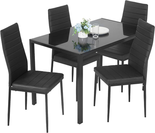 Ruesleag Dining Table Set 5-Piece Dining Room Glass Tabletop Table &Upholstered Chairs for 4 Modern Kitchen Table with Chairs Space-Saving Home Furniture for Dining Room Kitchen Living Room,White