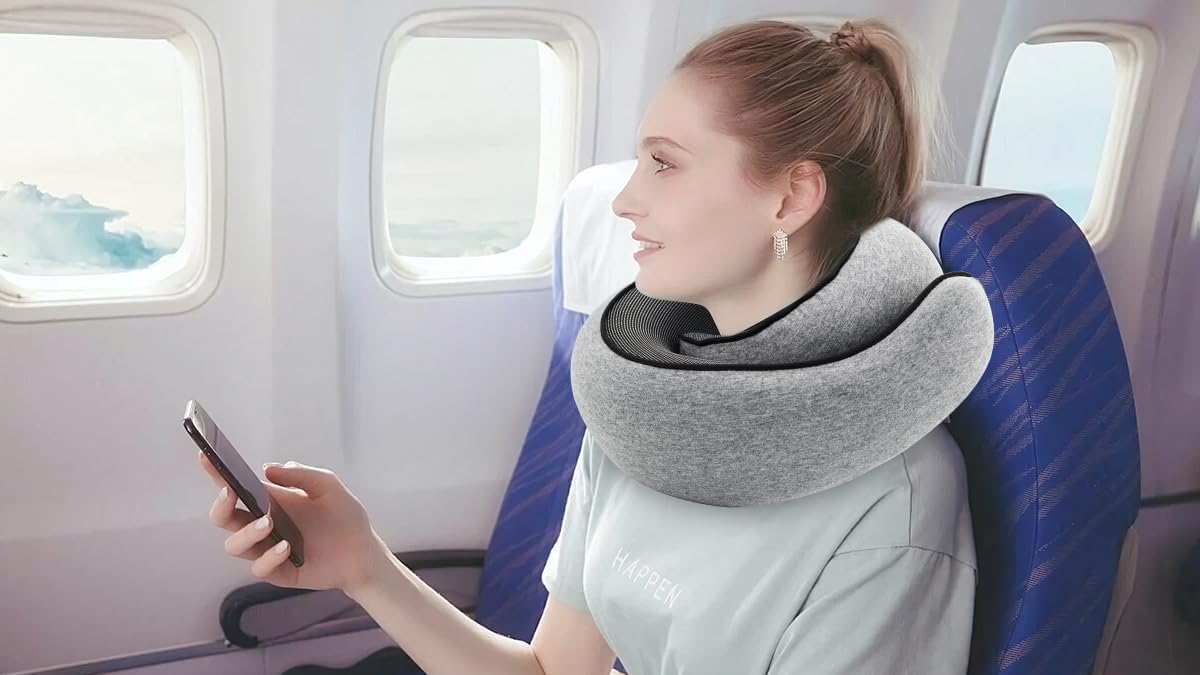 Travel Neck Pillow, Memory Foam Travel Pillow, 360 Degree Comfort and Breathability,Stowable U-Shaped Pillow,Portable Pillows for Airplane, Cars, Office (Light Grey)