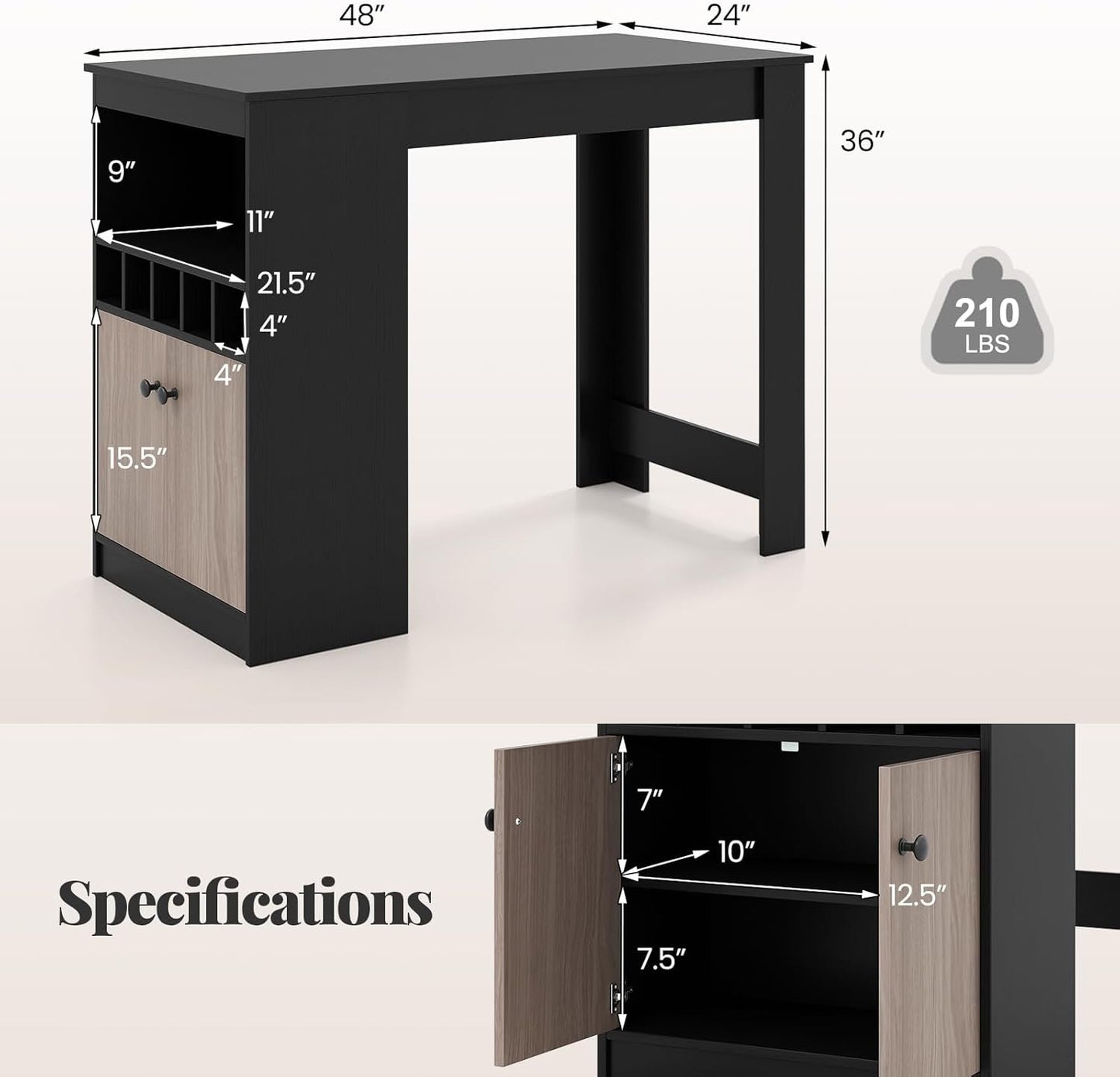 COSTWAY 48" Bar Table with Storage Cabinet & Wine Rack, Home Dining Table, Multifunctional Bistro Table w/Wine Rack, Kitchen Breakfast Table, Ideal for Coffee Shop, Pub, Living Room