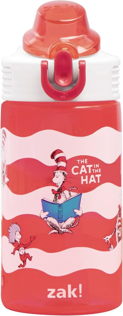 Zak Designs Dr. Seuss Kids Water Bottle For School or Travel, 16oz Durable Plastic Water Bottle With Straw, Handle, and Leak-Proof, Pop-Up Spout Cover (The Cat in the Hat)