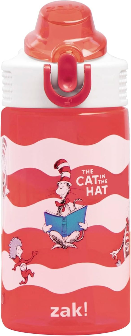 Zak Designs Dr. Seuss Kids Water Bottle For School or Travel, 16oz Durable Plastic Water Bottle With Straw, Handle, and Leak-Proof, Pop-Up Spout Cover (The Cat in the Hat)