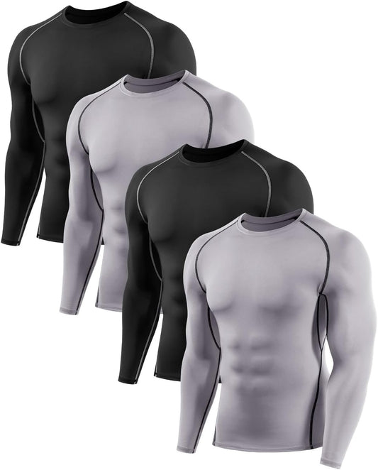 Celfaeree 4 Pack Compression Shirts Men Long Sleeve Workout Underhirts Athletic Running Base Layer Rash Guard T-Shirts