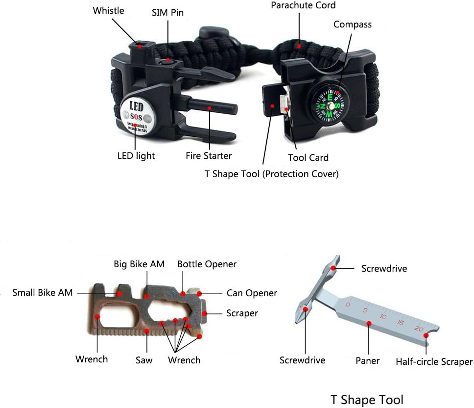 Adjustable Survival Bracelet, 7 Core Paracord 20 in 1 Emergency Sports Wristband Gear Kit with Waterproof LED SOS Light, Compass, Rescue Whistle, Fire Starter Multi-tool for Wilderness Adventure