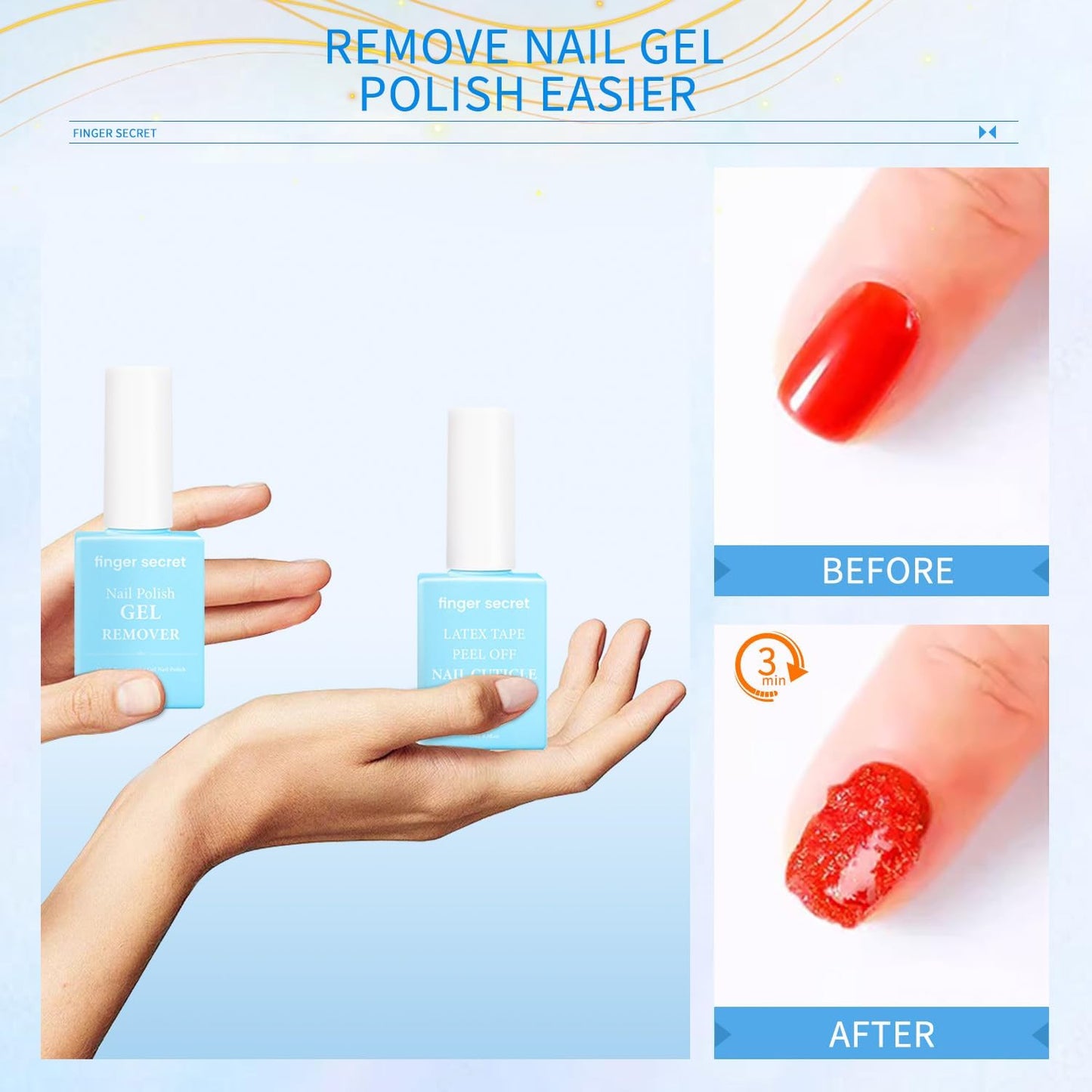 Finger Secret Nail Polish Gel Remover & 3in1 Nail Strengthener Professional Nail Care Combo with Wet Wipes for Efficient Gel Remover and Nail Strengthening Ideal for Home and Salon Use.