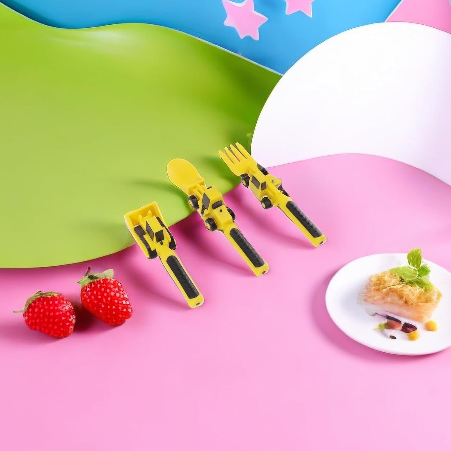 Construction Themed Utensils, Excavator Fork Spoon, Eating Set with Pusher, Safe and Easy to