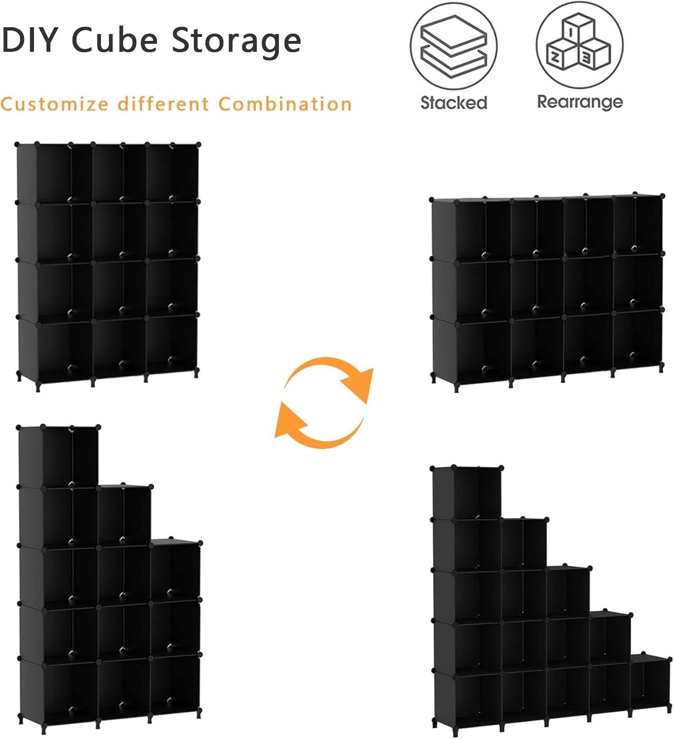 AWTATOS Cube Storage Organizer Modular Storage 12 Cube Bookshelf DIY Plastic Closet Storage Shelves with Wooden Mallet, Ideal Storage Solution for Home, Office, Bedroom, Black